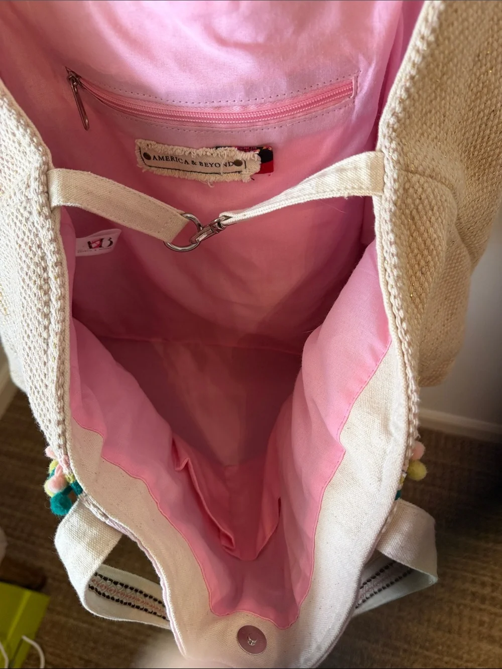 America & Beyond Hand-Embroidered Pink & Green Canvas Tote Bag